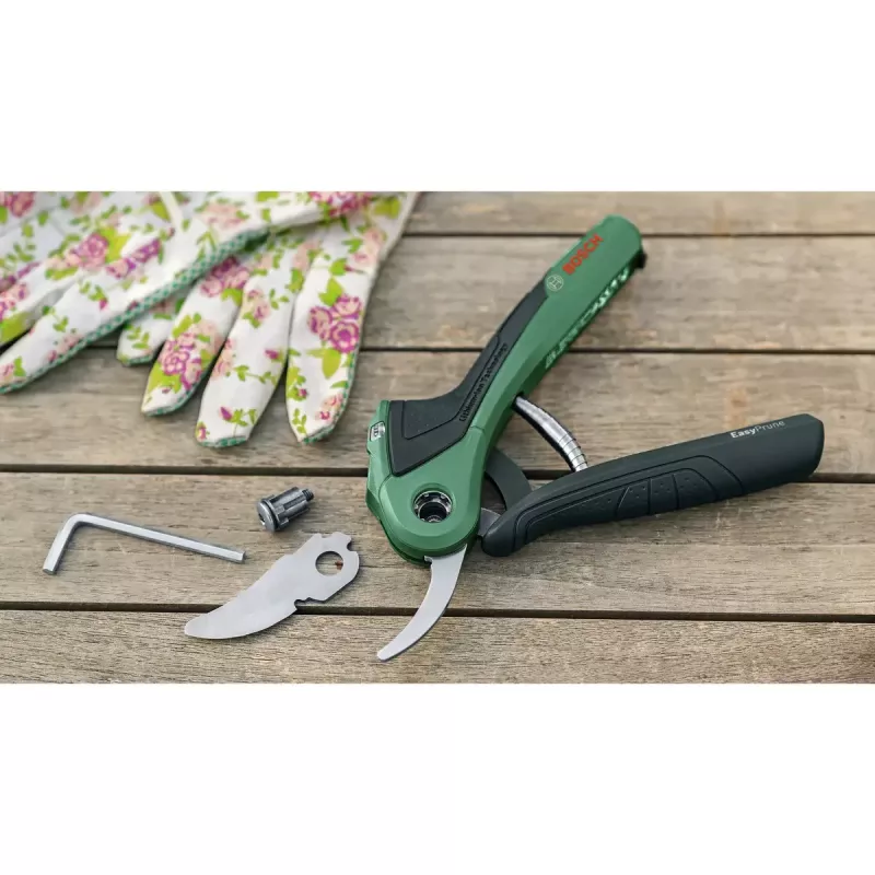 Genėjimo žirklės Bosch EasyPrune apvedamosios, nerūdijančio plieno geležtė, 2,5 cm pjovimo pajėgumas, įkraunama 5,4 Wh baterija, apsauginis užraktas