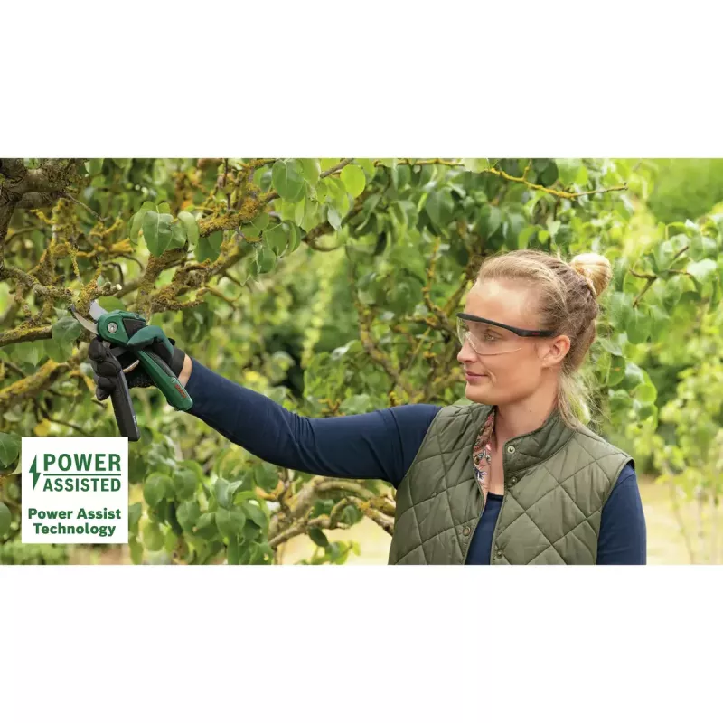 Genėjimo žirklės Bosch EasyPrune apvedamosios, nerūdijančio plieno geležtė, 2,5 cm pjovimo pajėgumas, įkraunama 5,4 Wh baterija, apsauginis užraktas