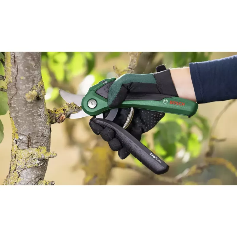 Genėjimo žirklės Bosch EasyPrune apvedamosios, nerūdijančio plieno geležtė, 2,5 cm pjovimo pajėgumas, įkraunama 5,4 Wh baterija, apsauginis užraktas