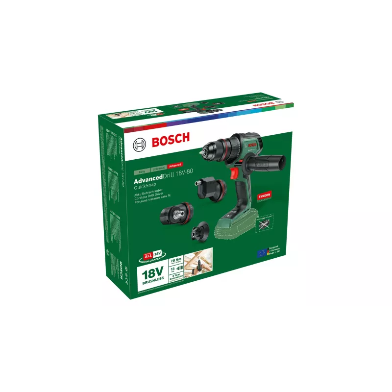Akumuliatorinis gręžtuvas Bosch AdvancedDrill 18V-80 QuickSnap Solo — 18 V, kompaktiškas, žalia/juoda