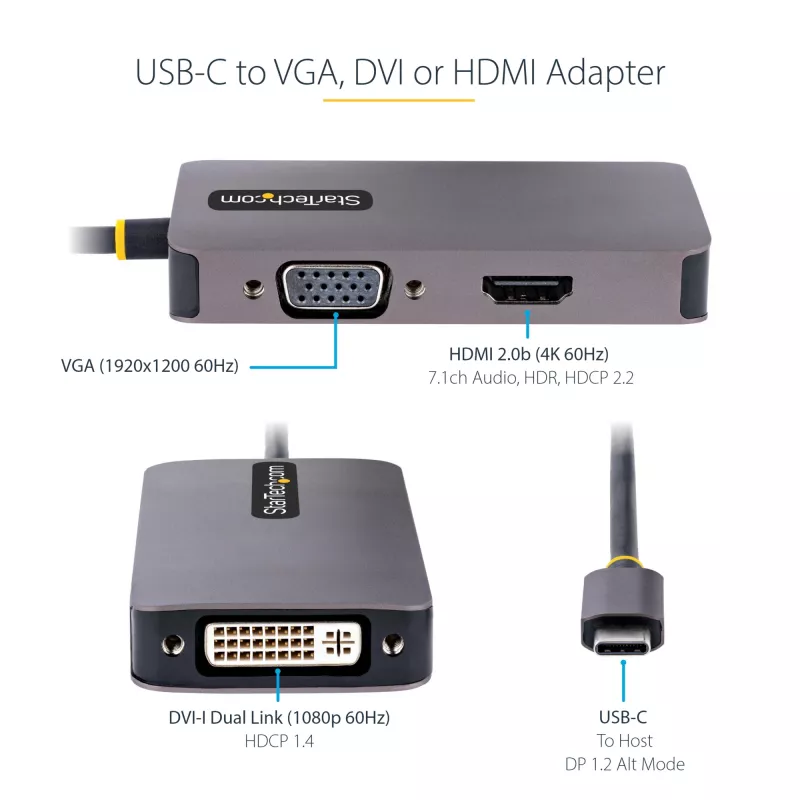 StarTech.com USB C vaizdo adapteris, USB C į HDMI DVI VGA adapteris, iki 4K 60Hz, aliuminis, daugiaportis vaizdo ekrano adapteris, suderinamas su Thunderbolt 3 / 4, USB Type C kelioninis adapteris