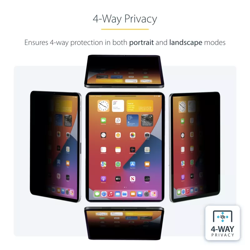 StarTech.com 4 krypčių privatumo ekranas 11 colių iPad Pro, skirtas vertikaliam / horizontaliam orientavimui, palaiko lietimą, +/- 30° matymo kampas, blokuoja iki 51 % mėlynos šviesos, anti-glare