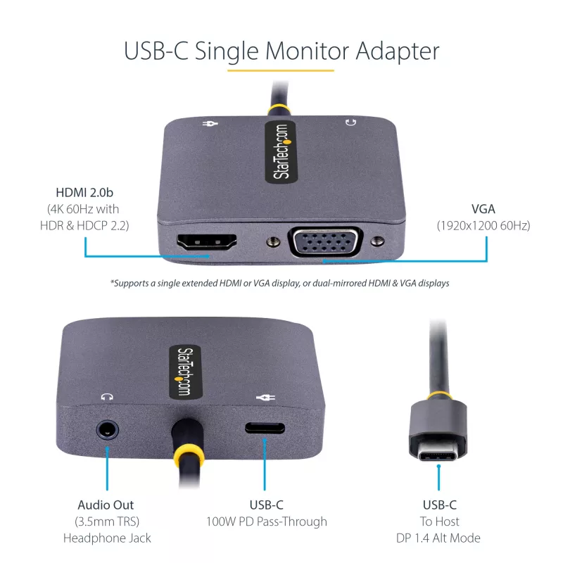 StarTech.com USB-C vaizdo adapteris, USB-C į HDMI/VGA universaliadapteris, 3,5 mm garso lizdas, 4K 60Hz HDR, 100W PD pralaidumas, suderinamas su Thunderbolt 3/4 – USB-C kelioninis ekrano adapteris