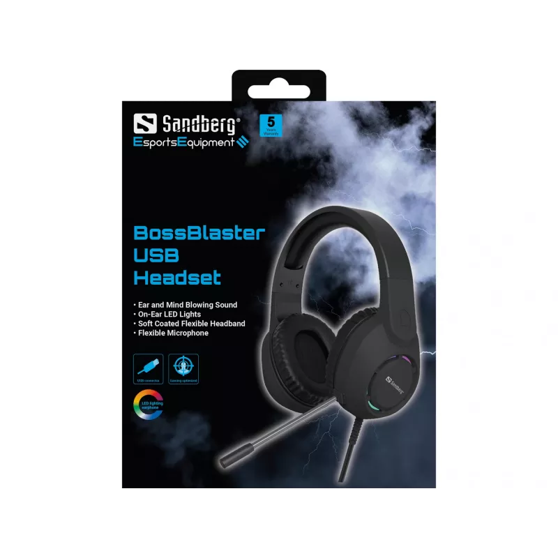 Ausinės SANDBERG BossBlaster USB — laidinės žaidimų ausinės, 20–20000 Hz, 2 m laidas, 240 g, juodos