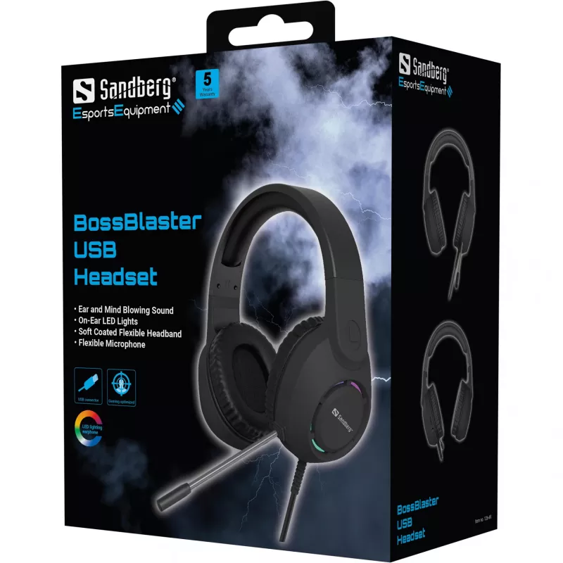 Ausinės SANDBERG BossBlaster USB — laidinės žaidimų ausinės, 20–20000 Hz, 2 m laidas, 240 g, juodos