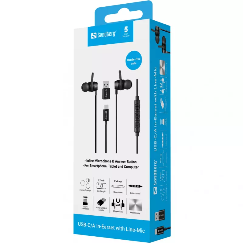 Ausinės Sandberg USB-C/A į ausis dedamos ausinės su linijiniu mikrofonu