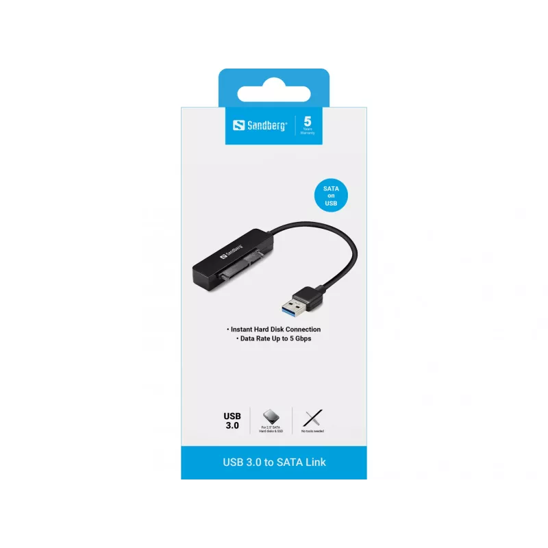 Sandberg USB 3.0 į SATA jungtis, juoda, 5 Gbit/s, 20 g, 77 mm, 18 mm, 193 mm