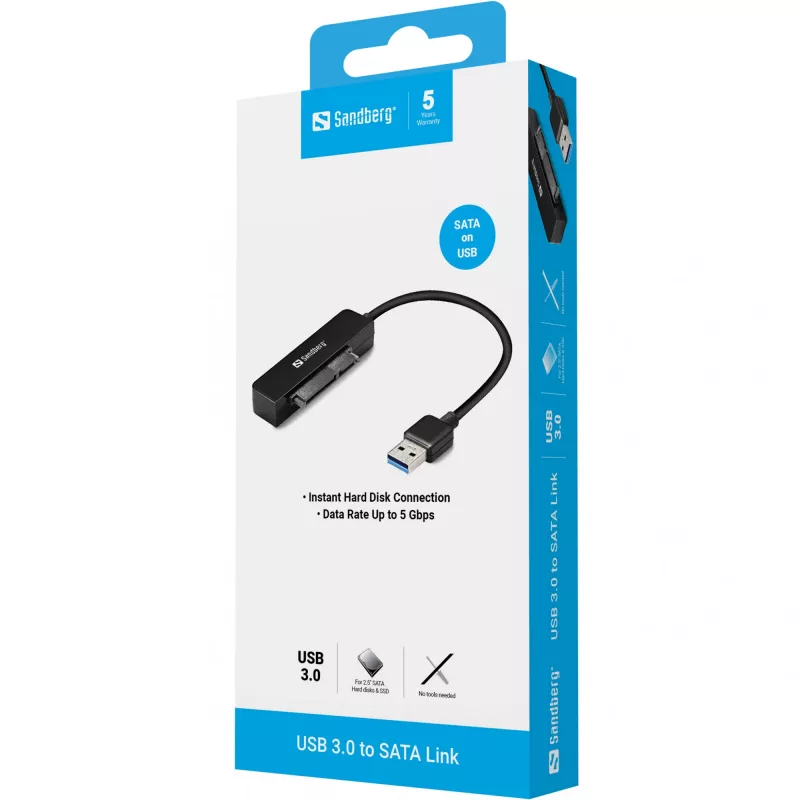Sandberg USB 3.0 į SATA jungtis, juoda, 5 Gbit/s, 20 g, 77 mm, 18 mm, 193 mm