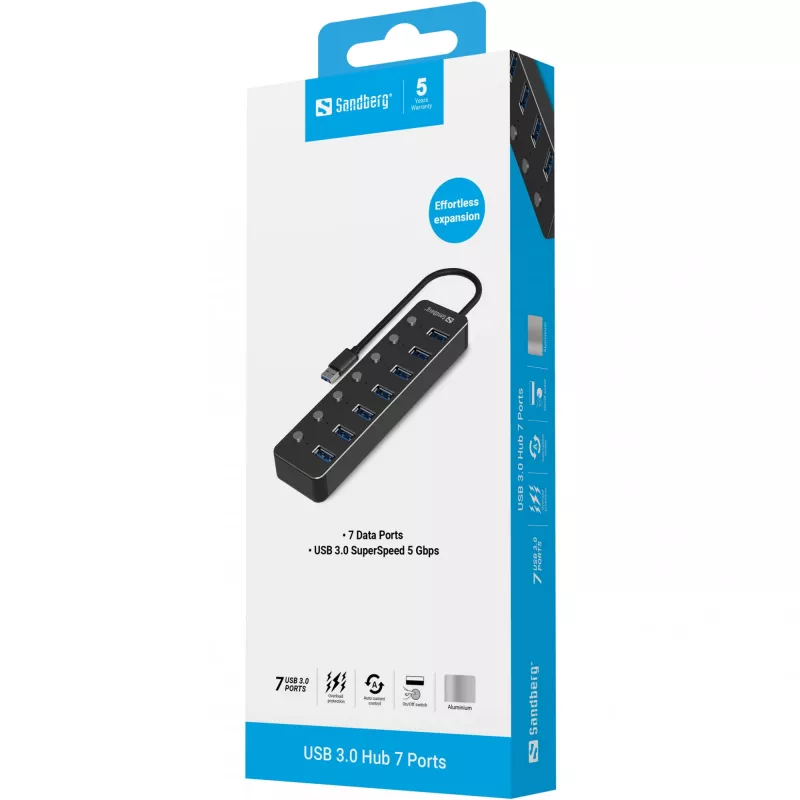 USB šakotuvas Sandberg 7 prievadų USB 3.0 juodas aliuminis
