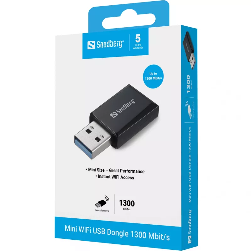 Mini WiFi Dongle Sandberg 1300 Mbit/s USB Type-A Dviejų juostų