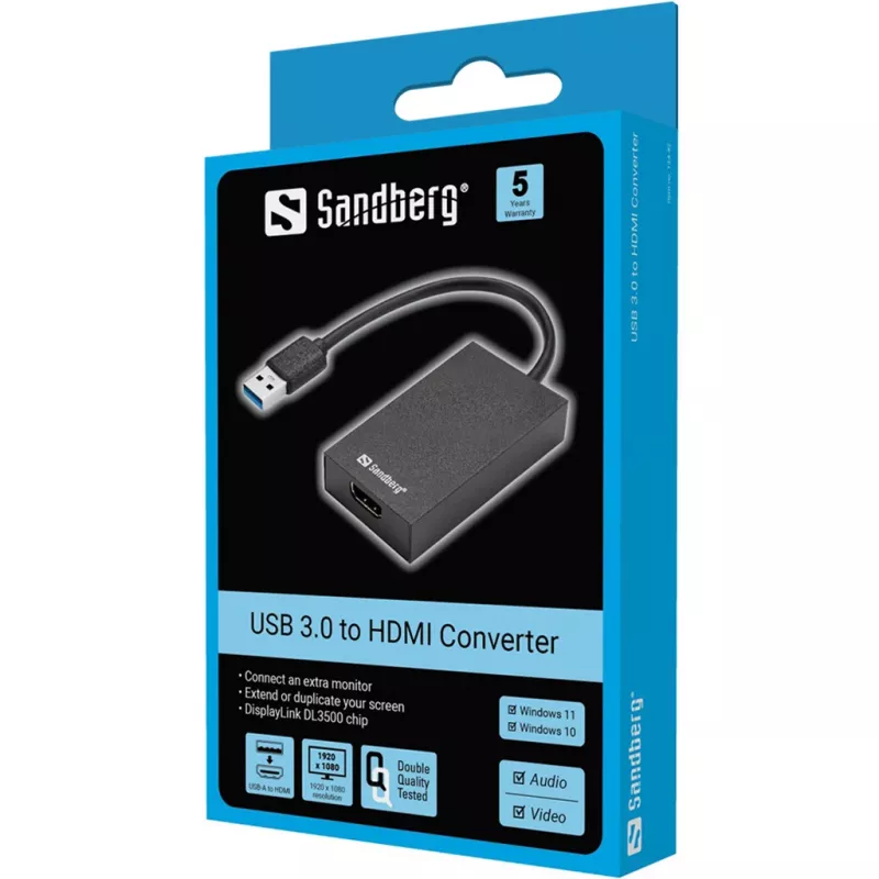 Sandberg USB 3.0 į HDMI keitiklis, juodas, pasyvus vaizdo keitiklis