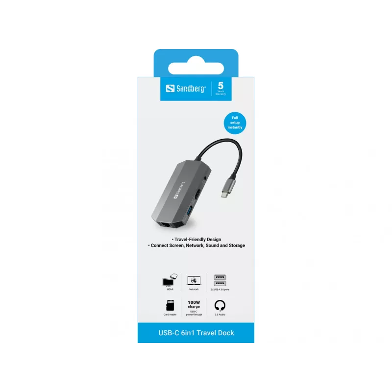 USB-C šakotuvas Sandberg 6in1 Travel Dock