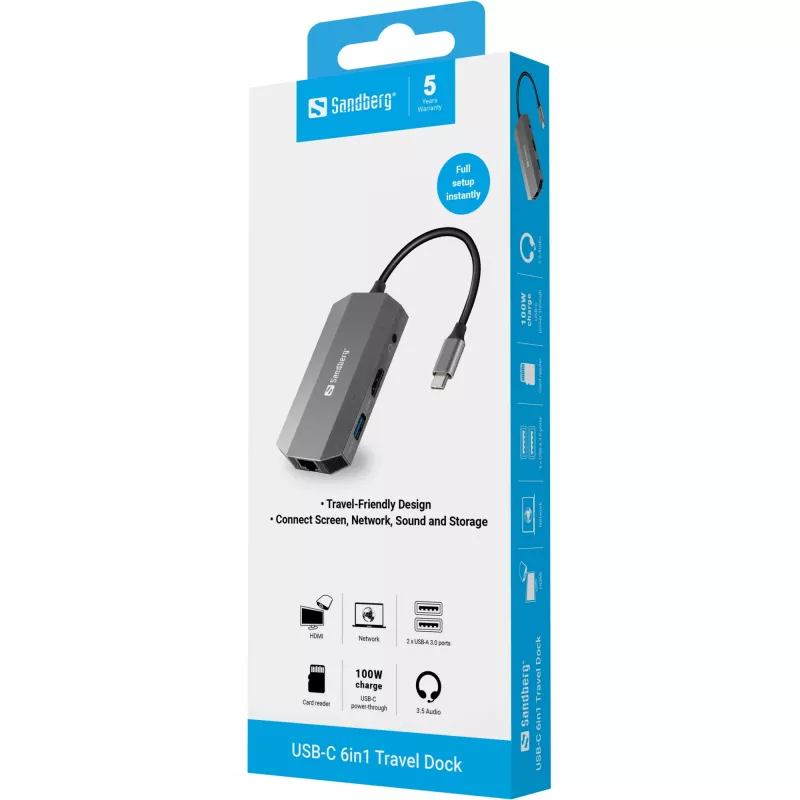USB-C šakotuvas Sandberg 6in1 Travel Dock