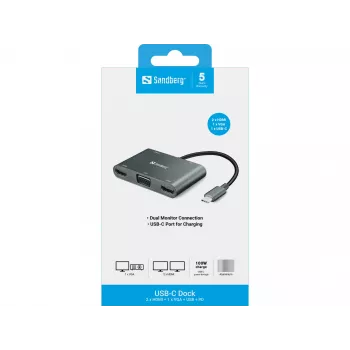 Sandberg USB-C dokas 2xHDMI+1xVGA+USB+PD
