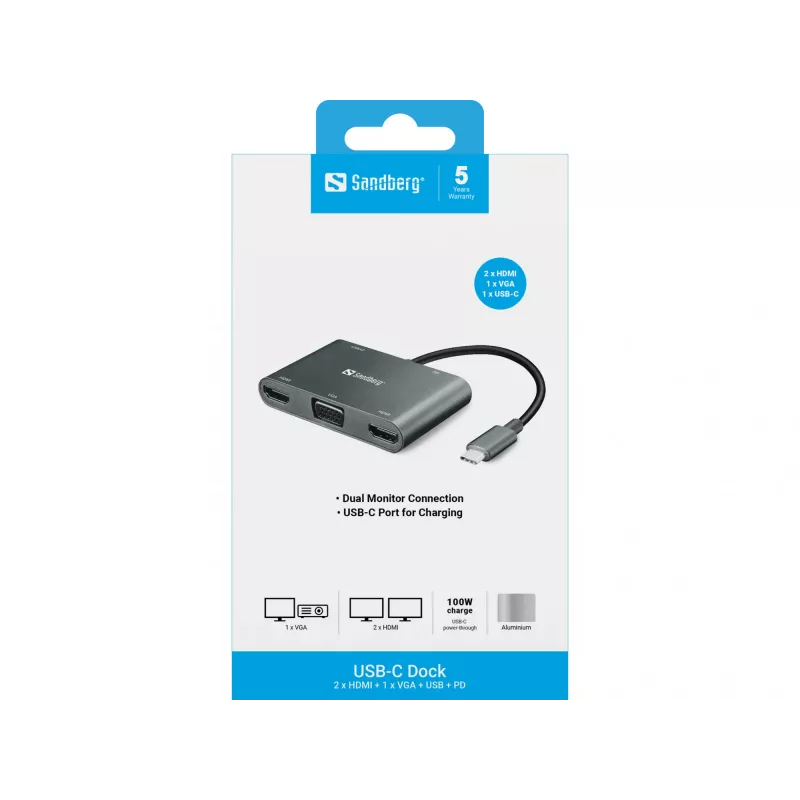 Sandberg USB-C dokas 2xHDMI+1xVGA+USB+PD