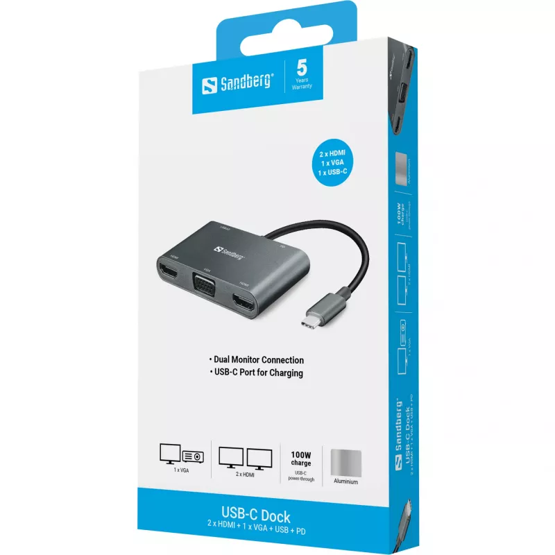 Sandberg USB-C dokas 2xHDMI+1xVGA+USB+PD