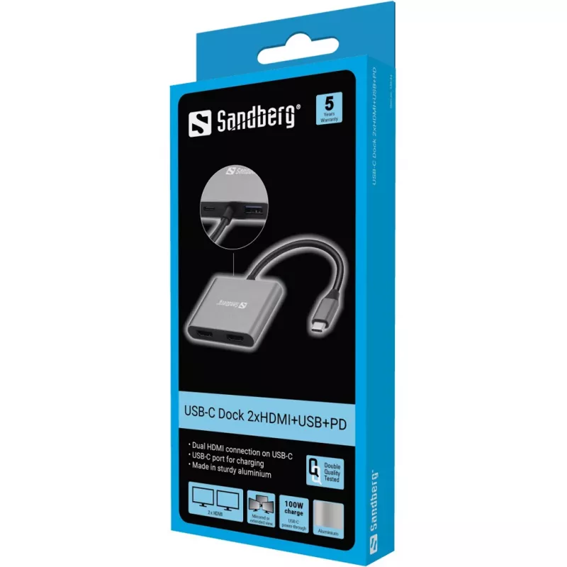 Sandberg USB-C dokas 2xHDMI+USB+PD Maksimali skiriamoji geba 3840x2160