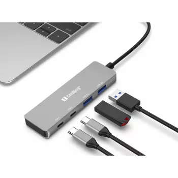 Sandberg USB-C į 2xUSB-A + 2xUSB-C šakotuvas, pilkas, aliuminis