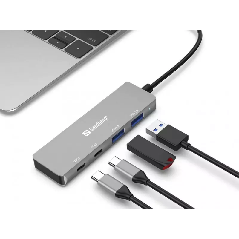 Sandberg USB-C į 2xUSB-A + 2xUSB-C šakotuvas, pilkas, aliuminis