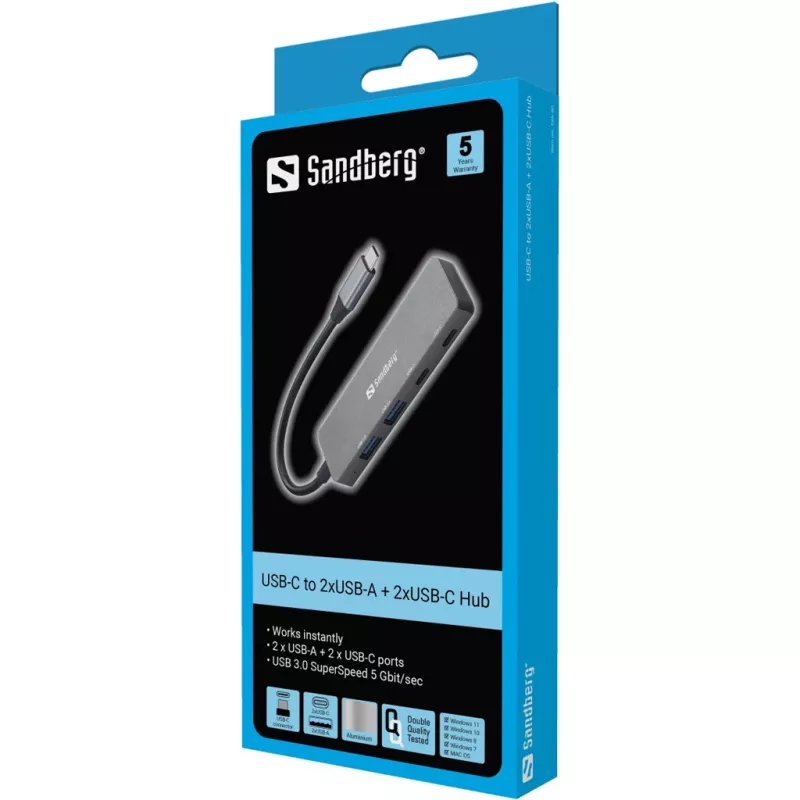 Sandberg USB-C į 2xUSB-A + 2xUSB-C šakotuvas, pilkas, aliuminis