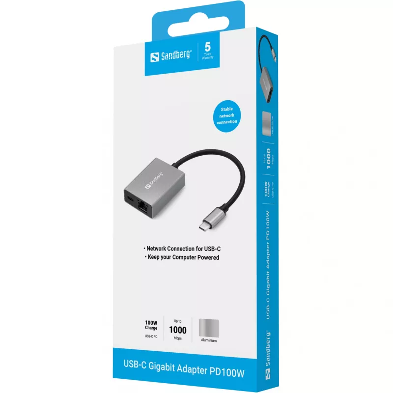Sandberg USB-C Gigabit Adapter PD100W USB Type-C RJ-45 1 Gbit/s Pilka