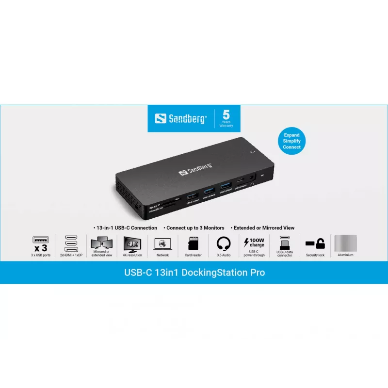 Sandberg USB-C 13in1 DockingStation Pro Laidinė USB 3.2 Gen 1 Type-C