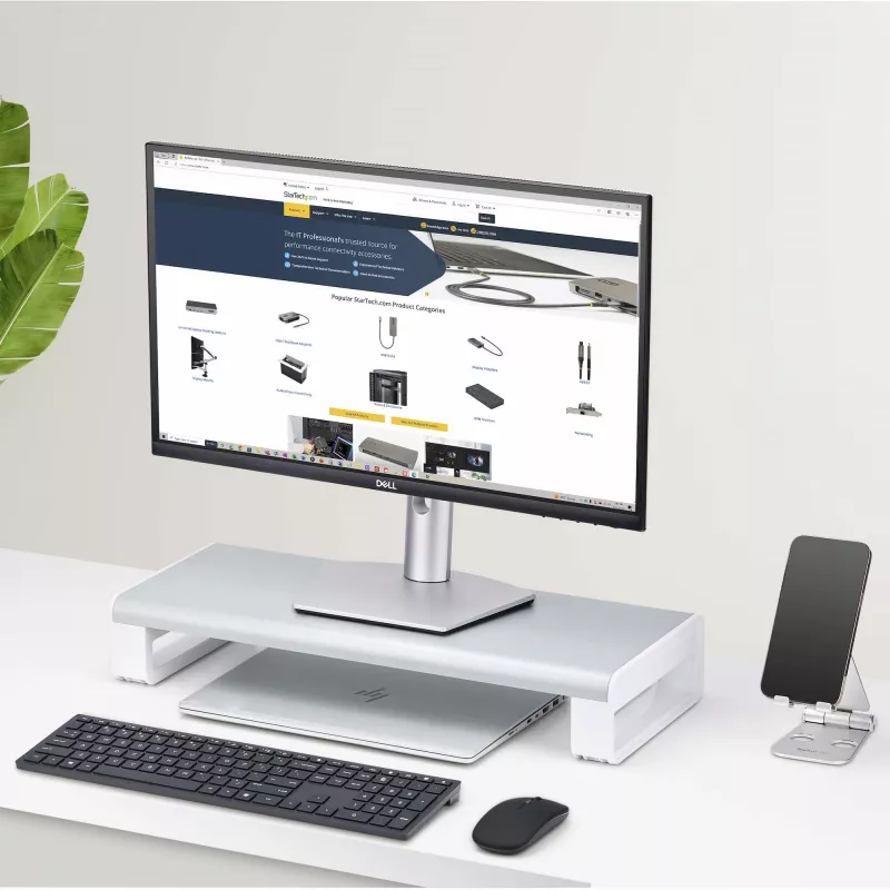 StarTech.com ergonominis monitoriaus stovas, iki 33 svarų/15 kg, fiksuotas aukštis 3,5 col./9 cm, stalinio kompiuterio monitoriaus/nešiojamojo kompiuterio stovas, plieninė platforma, greitas surinkimas, optimizuojantis darbo stalo erdvę