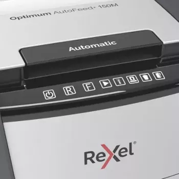 „Rexel Optimum AutoFeed+ 150M“ popieriaus smulkintuvas, mikro pjovimo smulkinimas, 55 dB, 22 cm, juoda, pilka