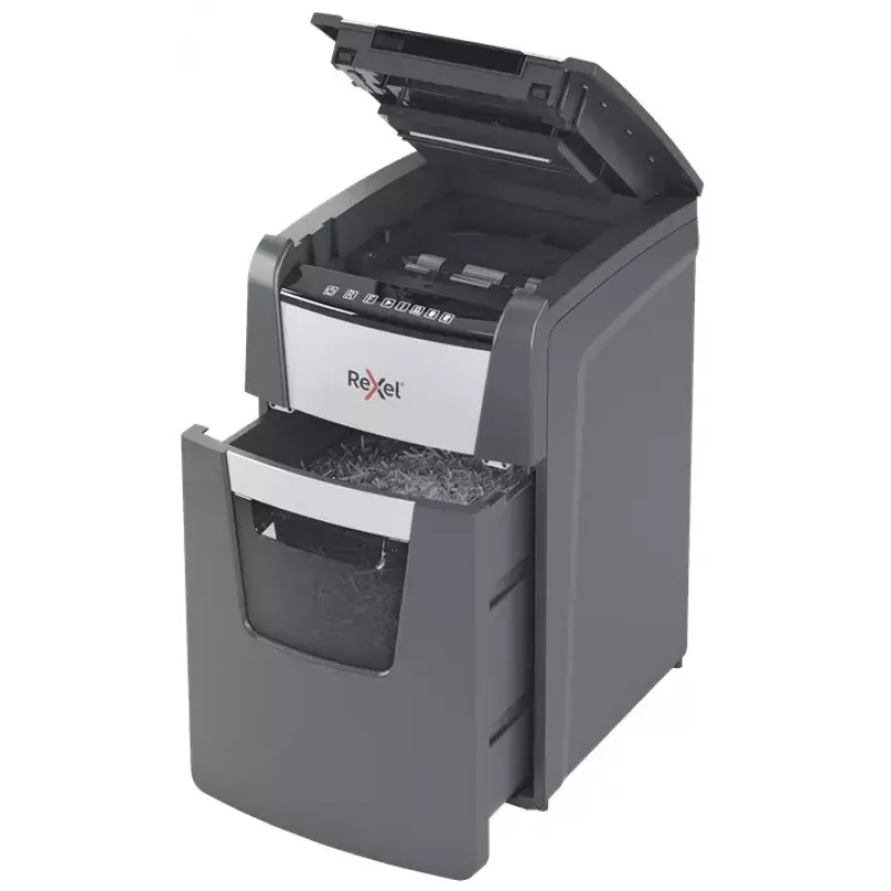 „Rexel Optimum AutoFeed+ 150M“ popieriaus smulkintuvas, mikro pjovimo smulkinimas, 55 dB, 22 cm, juoda, pilka