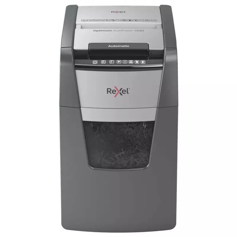 „Rexel Optimum AutoFeed+ 150M“ popieriaus smulkintuvas, mikro pjovimo smulkinimas, 55 dB, 22 cm, juoda, pilka