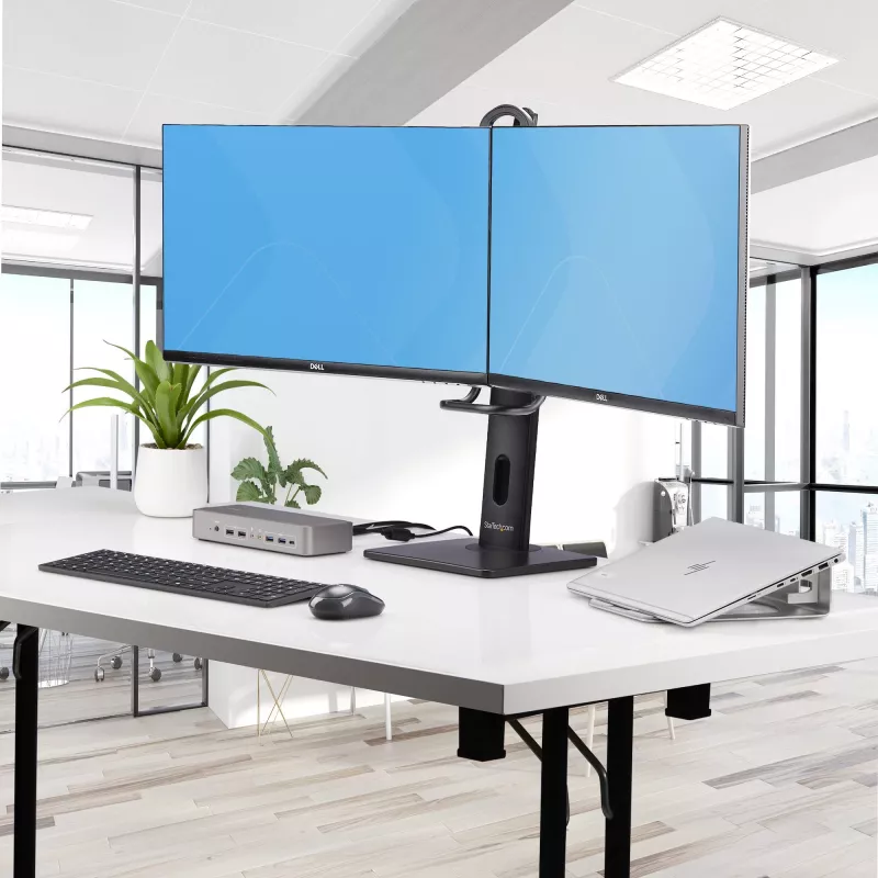 StarTech.com skersinio dvigubo monitoriaus stovo stalo laikiklis dviem 27 colių ekranams, VESA tvirtinimas 75x75/100x100, aukščio reguliavimas be įrankių, iki 6 kg vienam ekranui