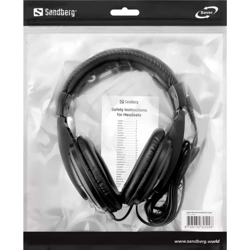 Sandberg Saver MiniJack Headphone Large, laidinės, skambučiai/muzika, 20–20000 Hz, 270 g, ausinės, juodos