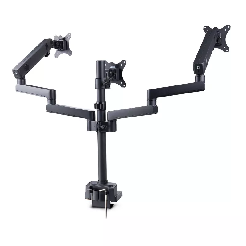 “StarTech.com” trijų monitorių stalinis laikiklis iki trijų 27 inch ekranų, VESA 75x75/100x100, rankenėlių nereikalaujantis rankų reguliavimas, C formos spaustukas / kiauryminis tvirtinimas, spyruoklinės rankos