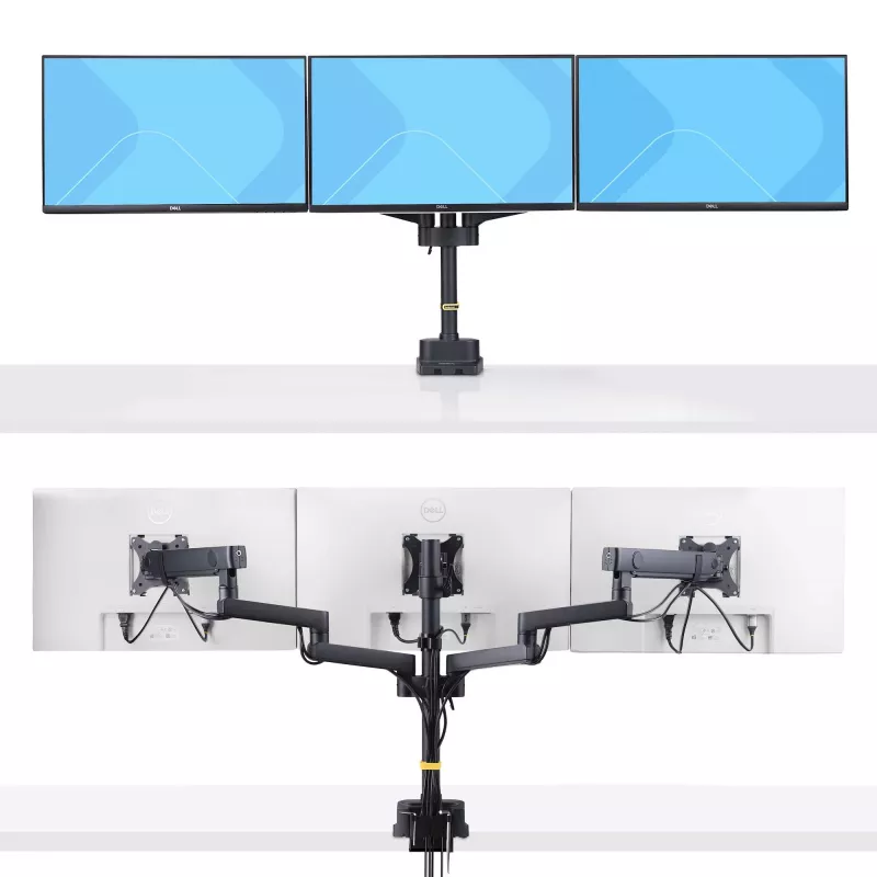 “StarTech.com” trijų monitorių stalinis laikiklis iki trijų 27 inch ekranų, VESA 75x75/100x100, rankenėlių nereikalaujantis rankų reguliavimas, C formos spaustukas / kiauryminis tvirtinimas, spyruoklinės rankos