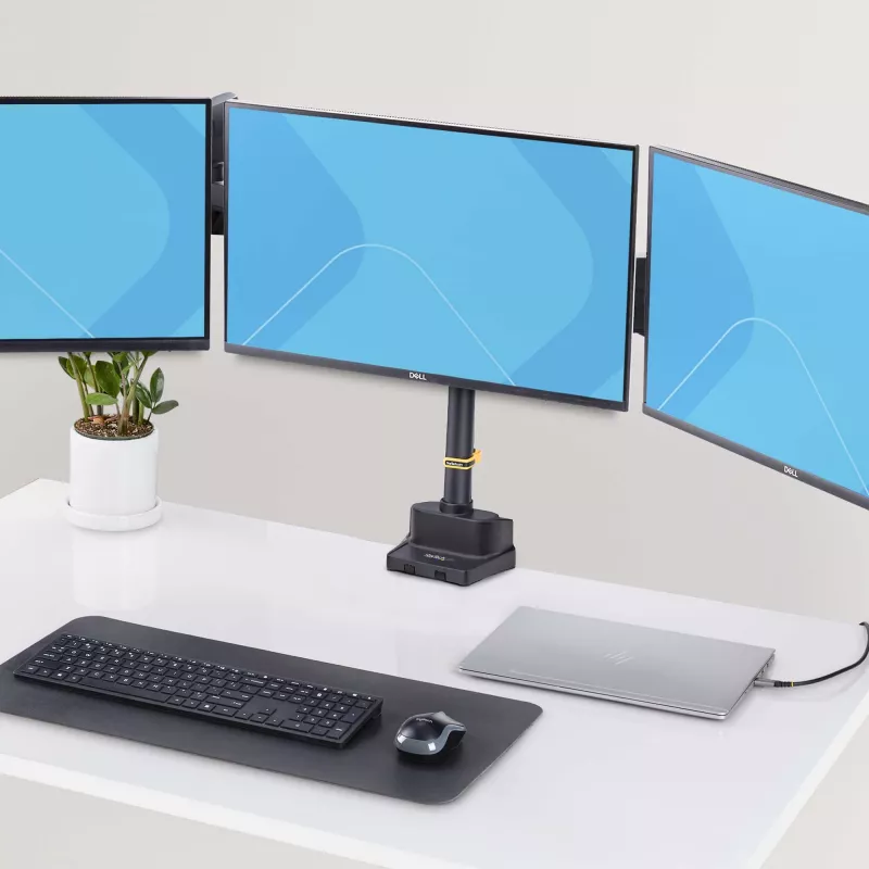 “StarTech.com” trijų monitorių stalinis laikiklis iki trijų 27 inch ekranų, VESA 75x75/100x100, rankenėlių nereikalaujantis rankų reguliavimas, C formos spaustukas / kiauryminis tvirtinimas, spyruoklinės rankos