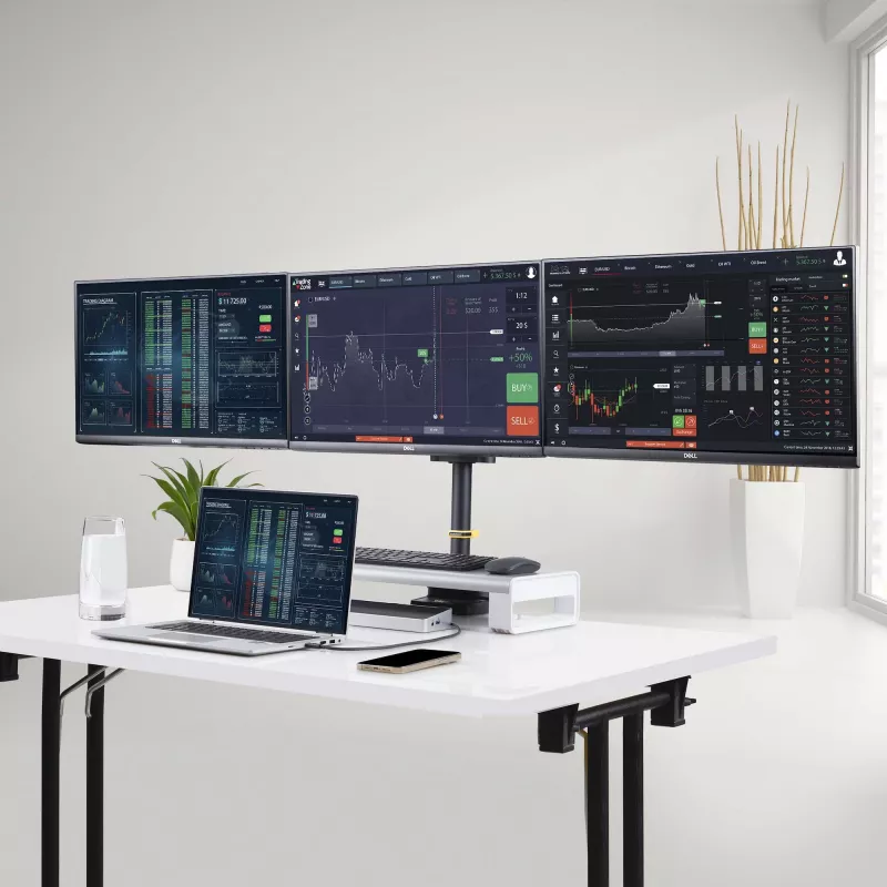 “StarTech.com” trijų monitorių stalinis laikiklis iki trijų 27 inch ekranų, VESA 75x75/100x100, rankenėlių nereikalaujantis rankų reguliavimas, C formos spaustukas / kiauryminis tvirtinimas, spyruoklinės rankos