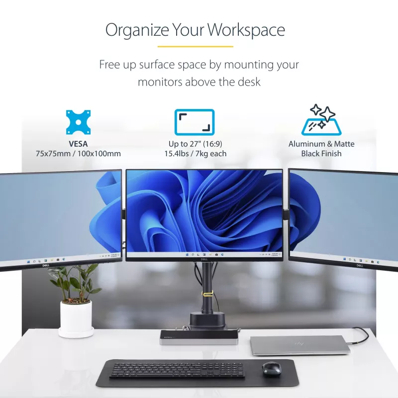 “StarTech.com” trijų monitorių stalinis laikiklis iki trijų 27 inch ekranų, VESA 75x75/100x100, rankenėlių nereikalaujantis rankų reguliavimas, C formos spaustukas / kiauryminis tvirtinimas, spyruoklinės rankos