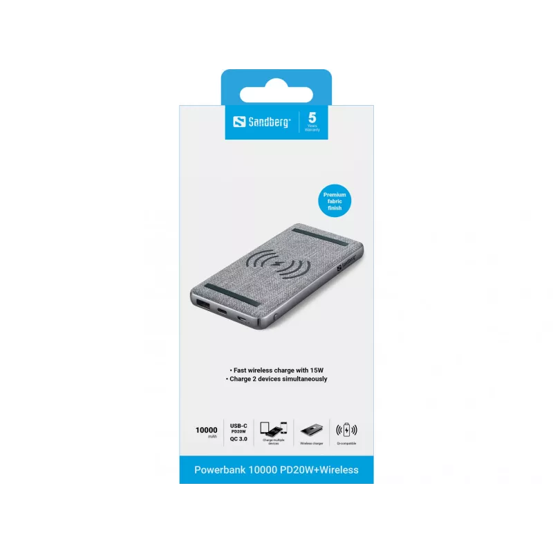 Nešiojama išorinė baterija Sandberg Powerbank 10000 PD20W+Wireless, 10000 mAh