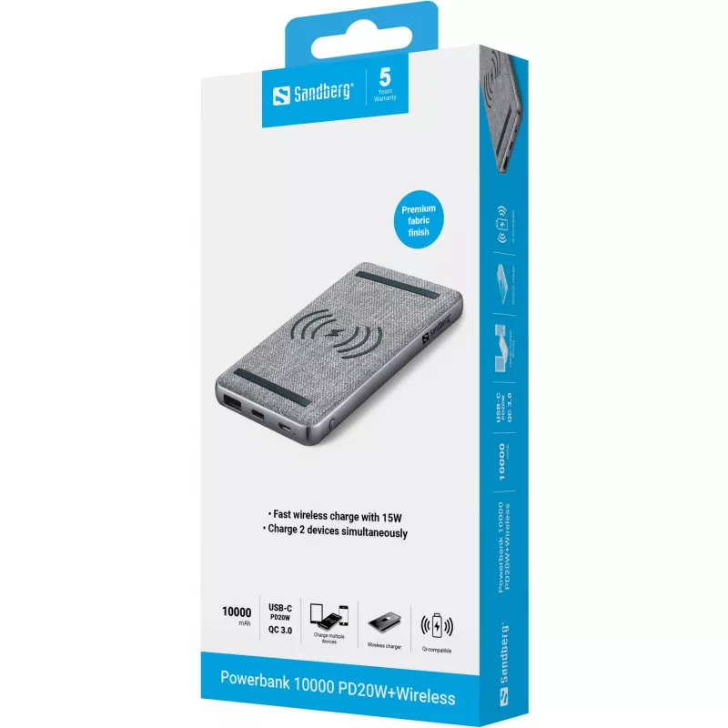 Nešiojama išorinė baterija Sandberg Powerbank 10000 PD20W+Wireless, 10000 mAh
