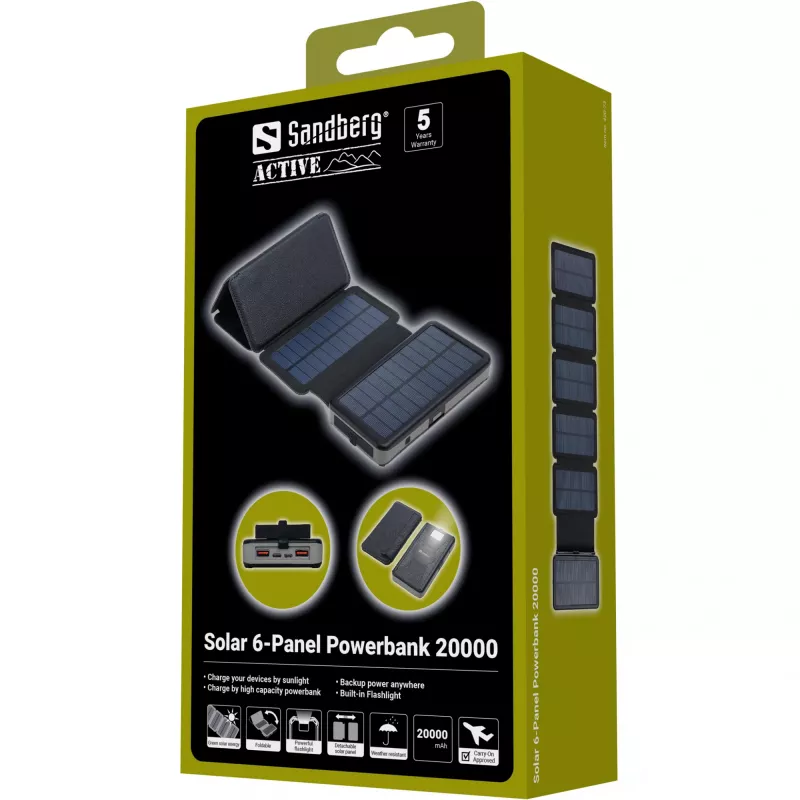 Powerbank Sandberg Solar 6-Panel 20000mAh Lithium Polymer Juoda