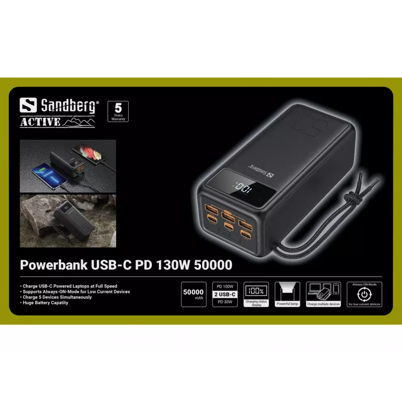 Nešiojama išorinė baterija Sandberg USB-C PD 130W 50000mAh