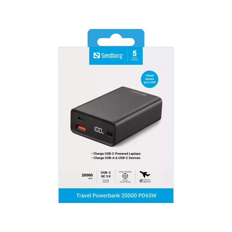 Nešiojamoji išorinė baterija Sandberg Travel Powerbank 20000 PD65W, 20000 mAh