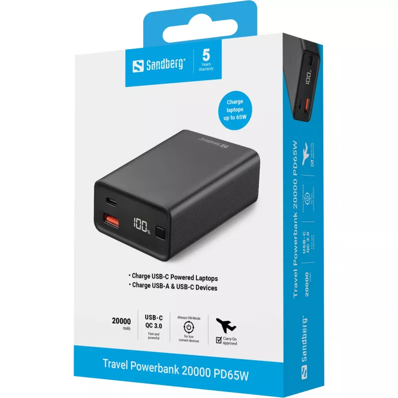 Nešiojamoji išorinė baterija Sandberg Travel Powerbank 20000 PD65W, 20000 mAh