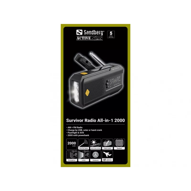 Sandberg Survivor Radio All-in-1 2000, Nešiojamas, AM, FM, 87 - 180 MHz, 520 - 1710 kHz, 3 W, Analoginis