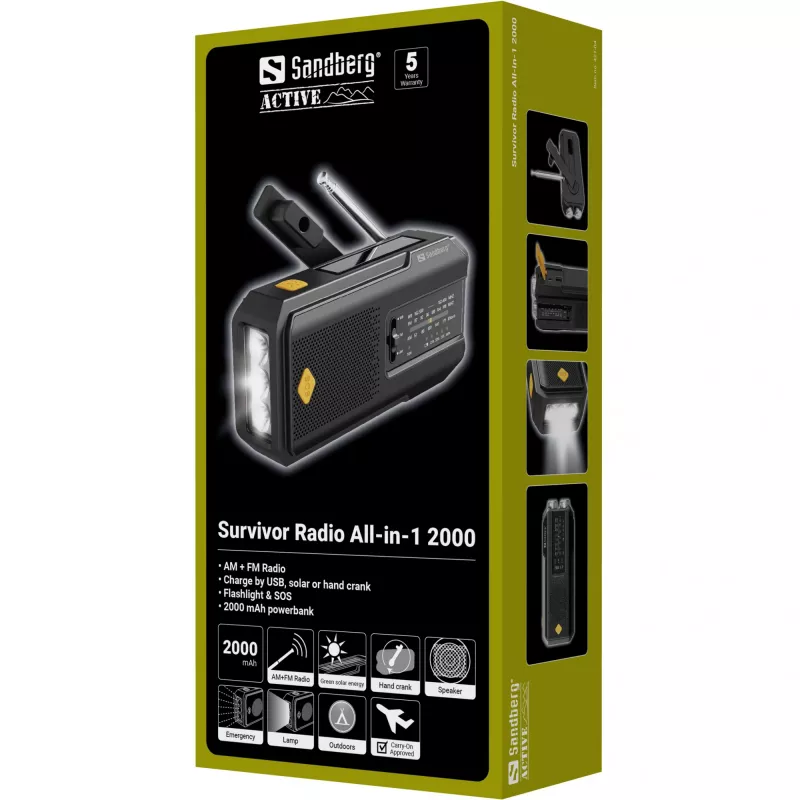 Sandberg Survivor Radio All-in-1 2000, Nešiojamas, AM, FM, 87 - 180 MHz, 520 - 1710 kHz, 3 W, Analoginis
