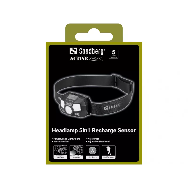 Priekinis žibintas Sandberg 5in1 Recharge Sensor LED 200 lm Juoda
