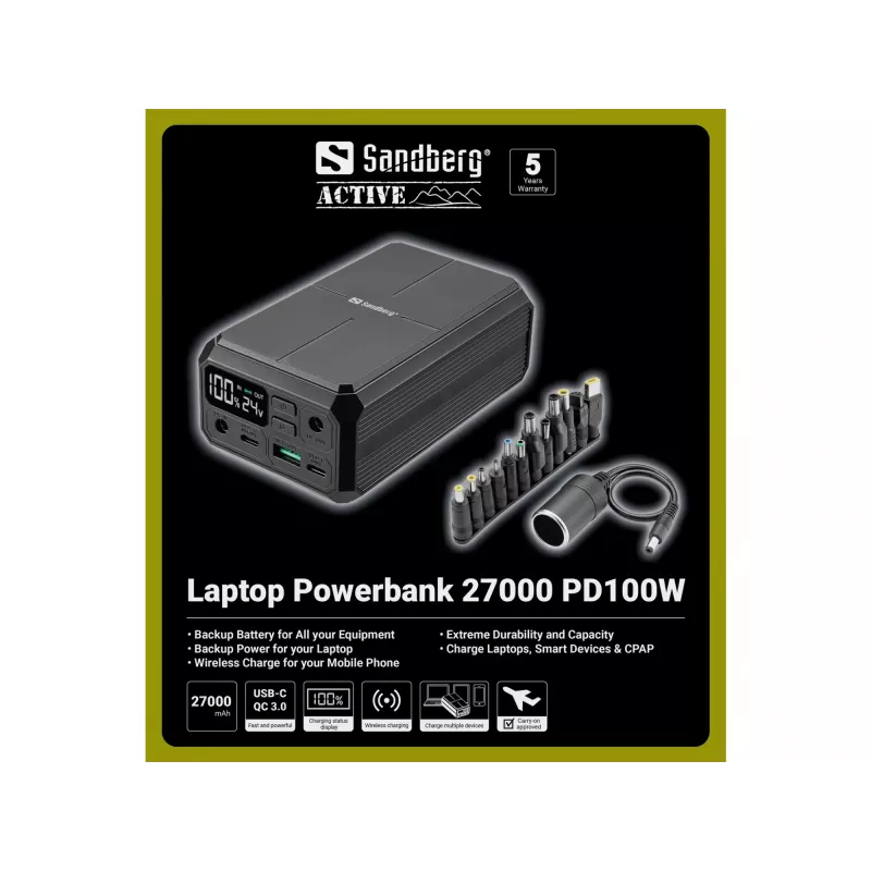 Nešiojama išorinė baterija Sandberg Laptop Powerbank 27000 PD100W, 27000 mAh