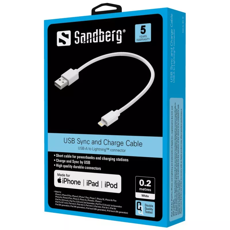 Kabelis Sandberg USB Lightning MFI 0,2 m baltas