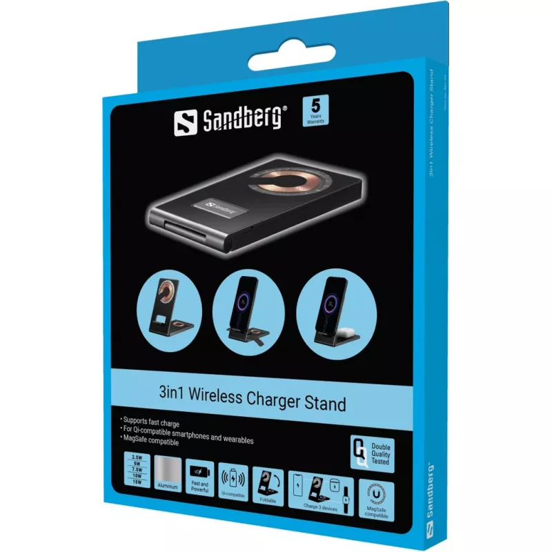Sandberg 3in1 belaidis įkrovimo stovas, vidaus, USB, belaidis įkrovimas, juodas