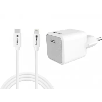 Kintamosios srovės įkroviklis Sandberg 20W USB-C + Lightning 1M greitas įkrovimas baltas